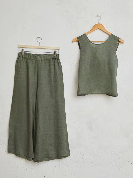 Pantalon palazzo vert en lin 100 % pour la vente par Cottyfish