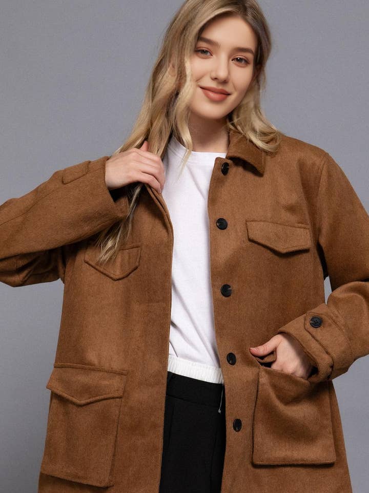 ...0829 Concealed Button & Pocket Soft Felt Jacket SI-28698 for wholesale by 42POPS