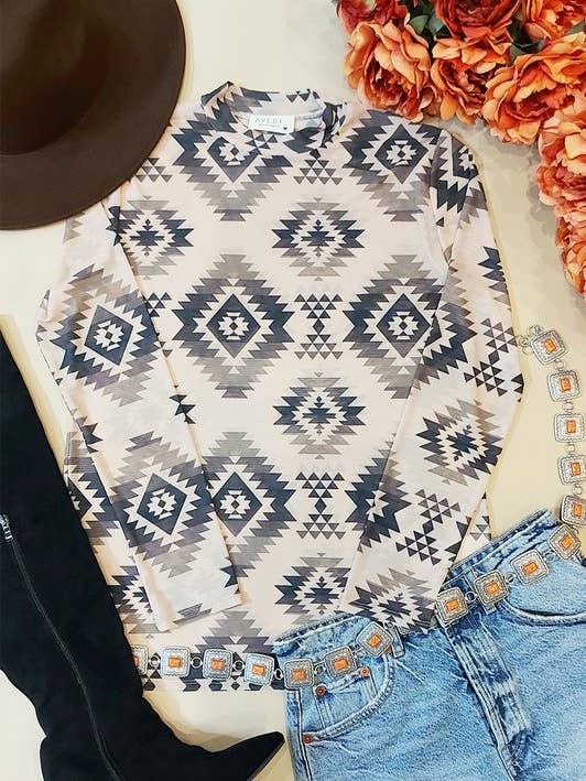 AV1230-MAYA AZTEC PRINT SEMI SHEER MESH TOP for wholesale by Avery