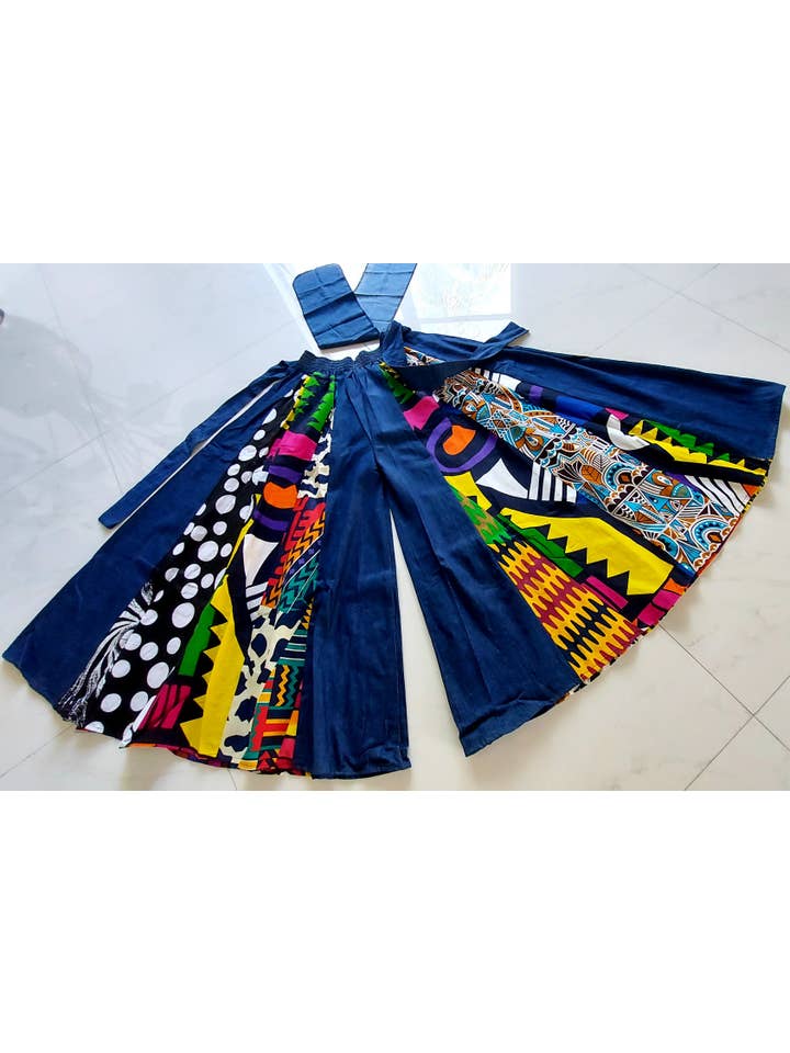 India Batik - Wholesale Pants - Women's - 702- Women Palazzo Pant - Denim/Multi Prints5