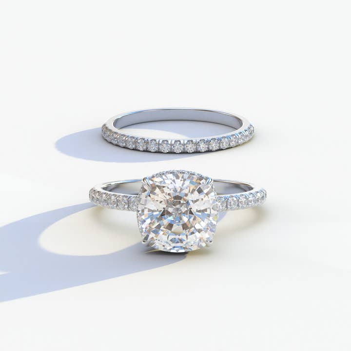 Mohana Jewels - Luxury - Wholesale Engagement Ring - 2 Carat E VVS Cushion Cut Hidden Halo & Pave Diamond Ring Set - Rebecca5