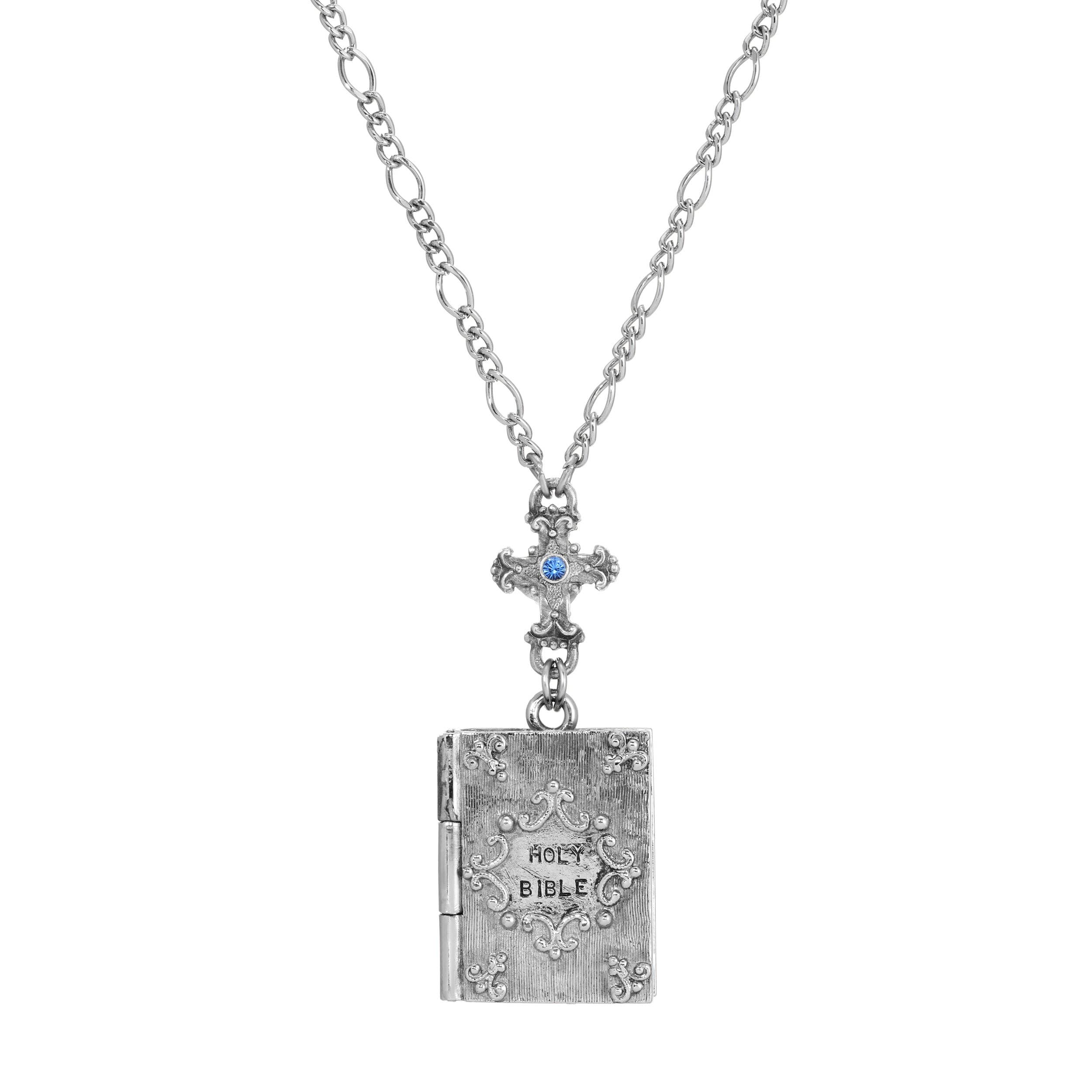Light Blue Symbols Of Faith Sapphire Crystal Cross & Holy Bible Pendant Locket Holy Family Necklace 28" for wholesale on Faire0
