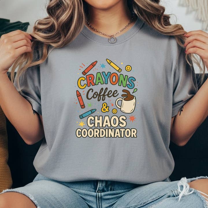 Granite Crayons, Coffee & Chaos Coordinator Comfort Colors Tee | Teacher Life Shirt for wholesale on Faire0