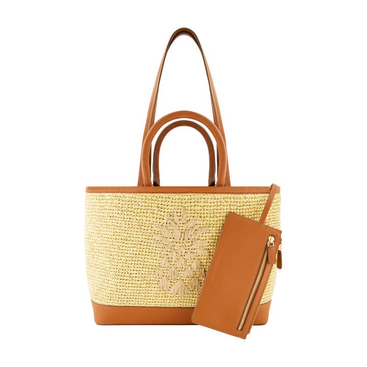 Concept One - Wholesale Tote Bag - Women's - Tommy Bahama Leather Trim Raffia Tote With Pouch, Tan/Brown3