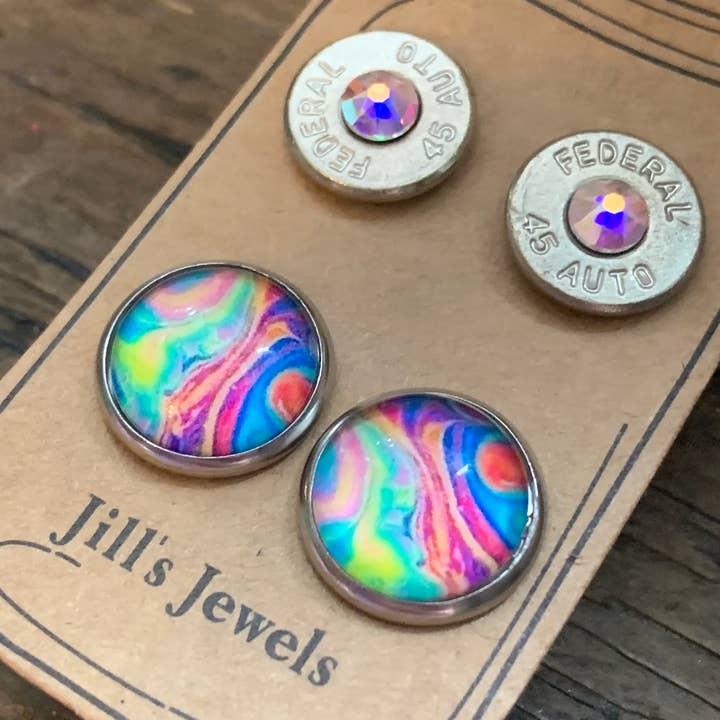 Rainbow Swirl 45 Auto Bullet Earring Set for wholesale by Jill's Jewels