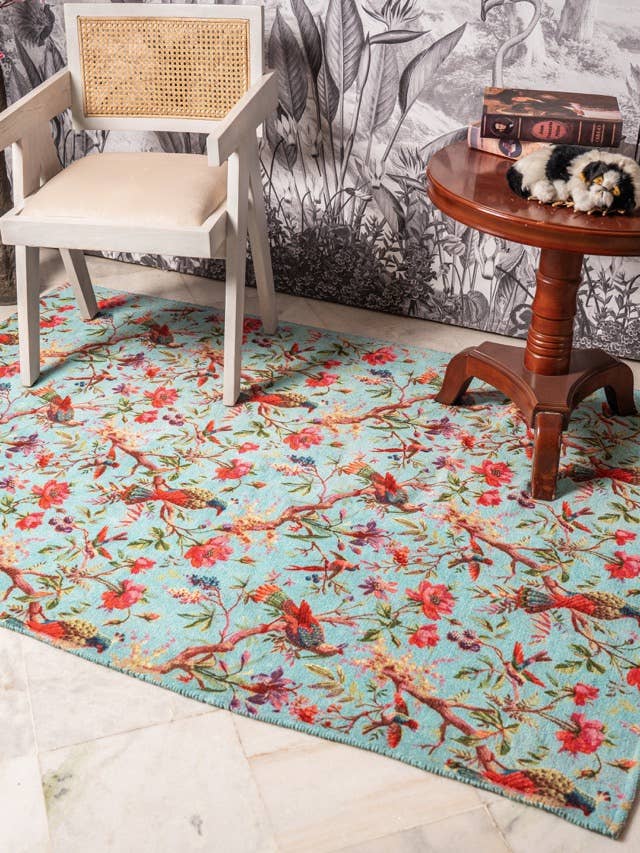 Tapete de Veludo de Algodão Azul Água Pássaros & Flores por atacado de Atolia Designs