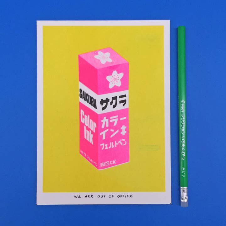 A risograph print of a very bright Japanese sakura ink for wholesale by We are out of office