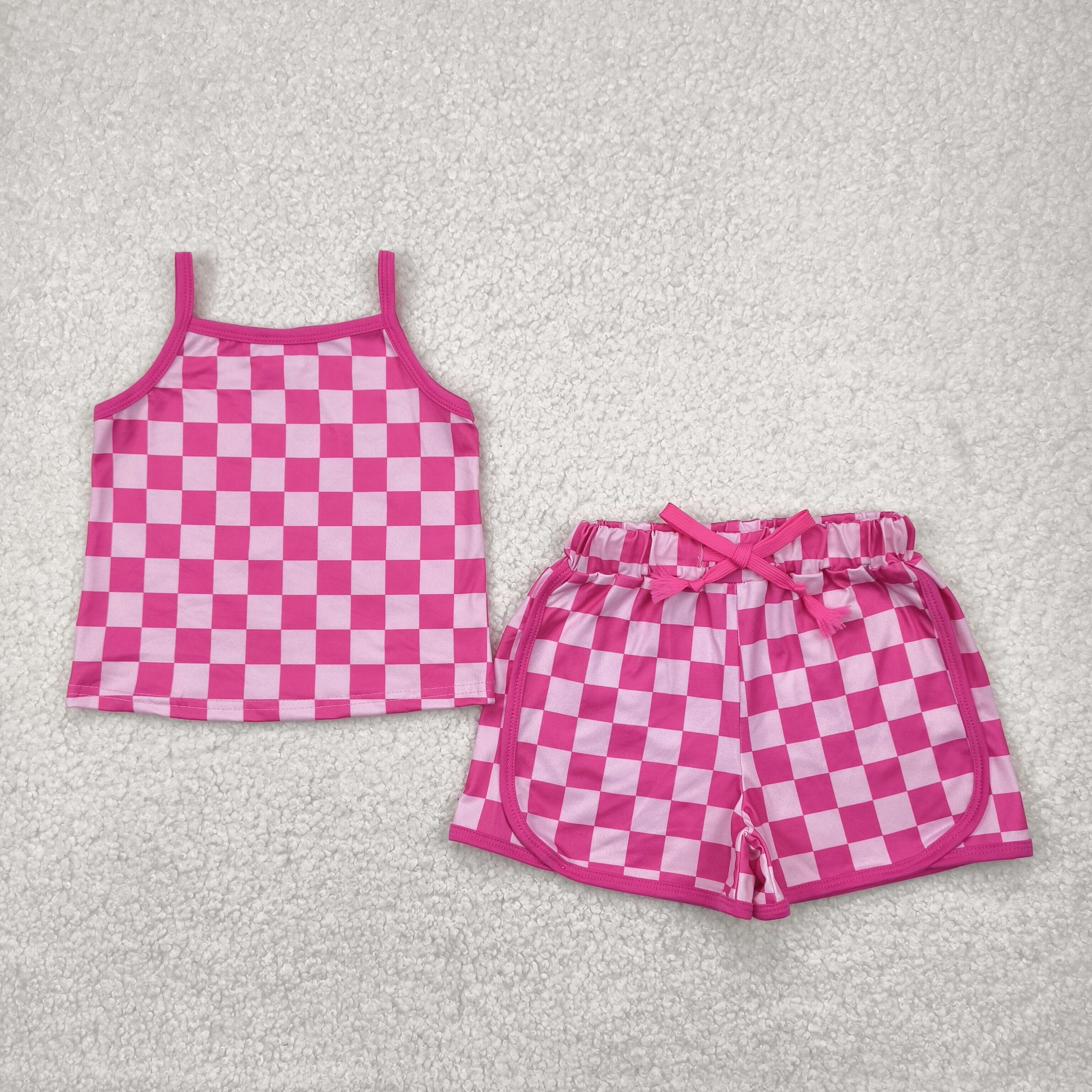 Aier Wholesale - Wholesale Top & Short Set - Kids - Sibling Baby Girls Strap Plaid Top Short Sports Sets2