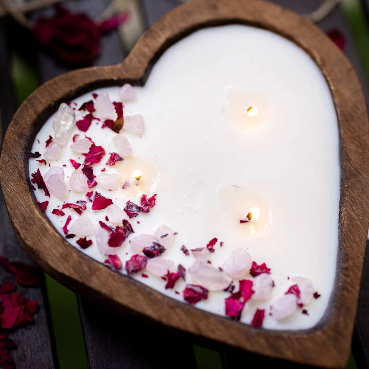 MySunshineCandless - Wholesale Jar/Filled Candle - Beautiful Heart Wood Dough Bowl Candle/Crystals & Flowers 3 Cotton Wick9