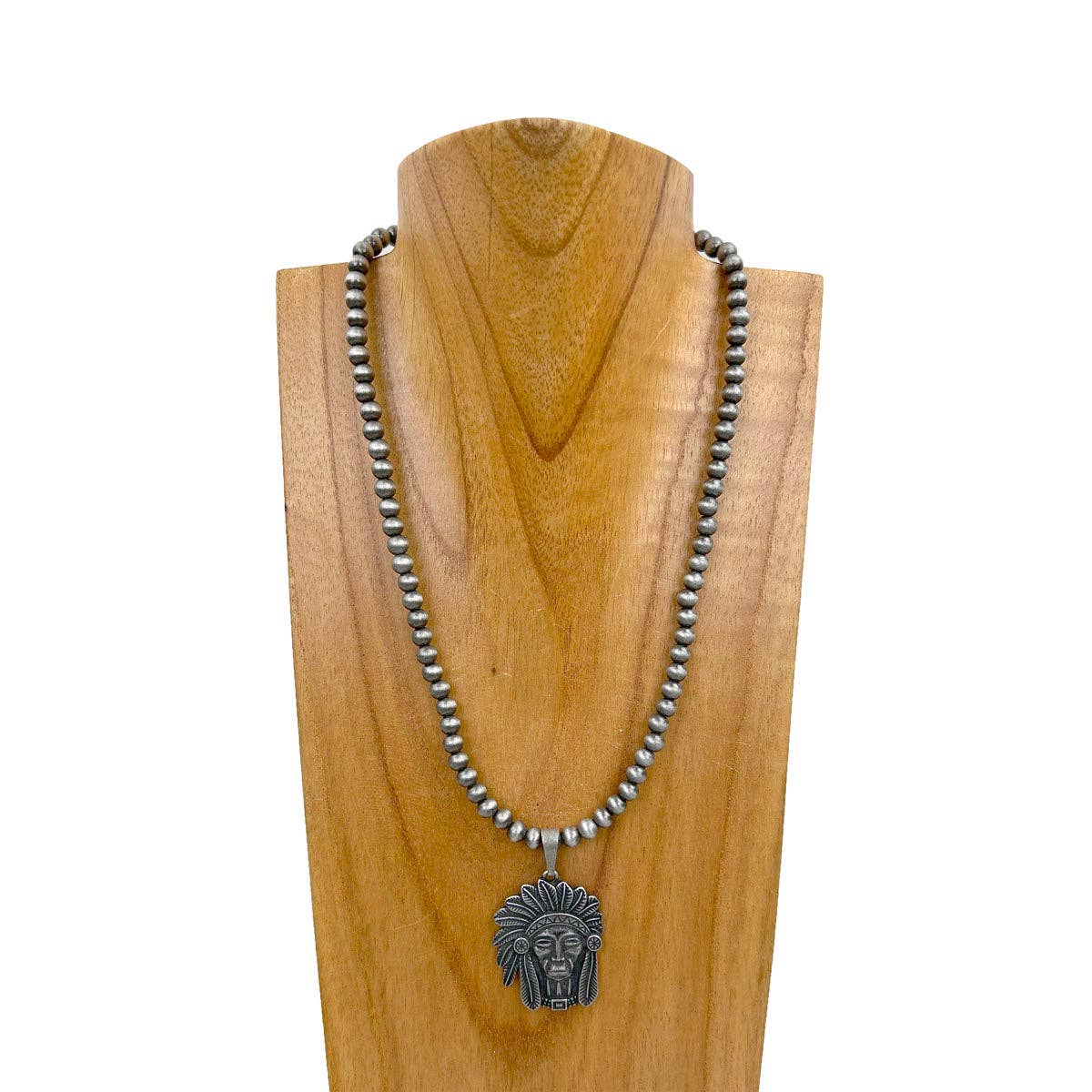 Western Elite Jewelry - Wholesale Pendant/Charm Necklace - NKZ030524-42                  18 inches long silver Navajo pearl beads with metal Indian head Necklace0