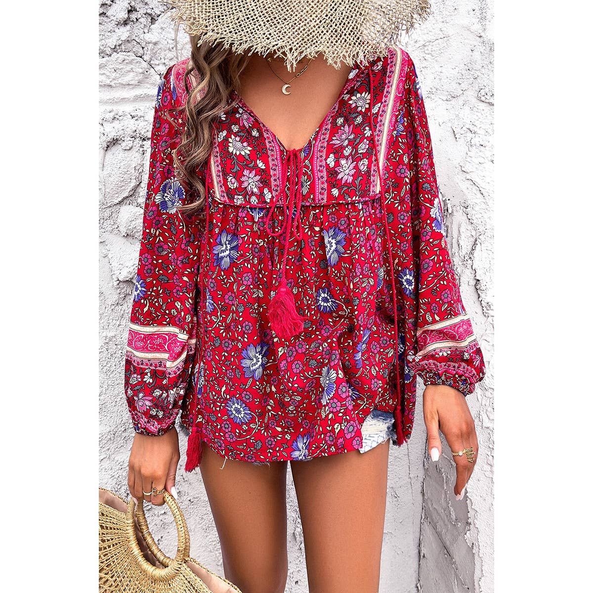 Supreme Fashion – wholesale Blus - Dam – Boho-topp med omslutande blommönster och djup V-ringning12