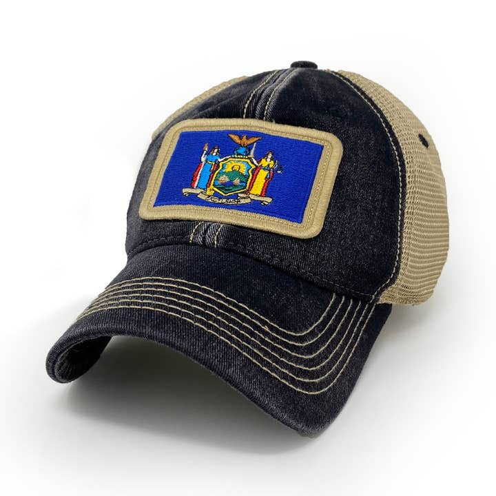 New York Flag Patch Trucker Hat, Black for wholesale by S.L. Revival Co.