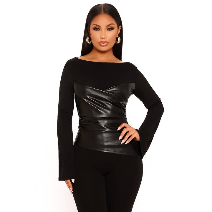 FAUX LEATHER PATCHWORK TOP for wholesale by Esmeray Clothing