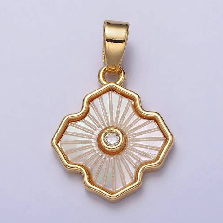 24K Gold Filled Stripped Shell Pearl Flower Clover CZ Geometric Pendant | AA105 for wholesale by Aim Eternal