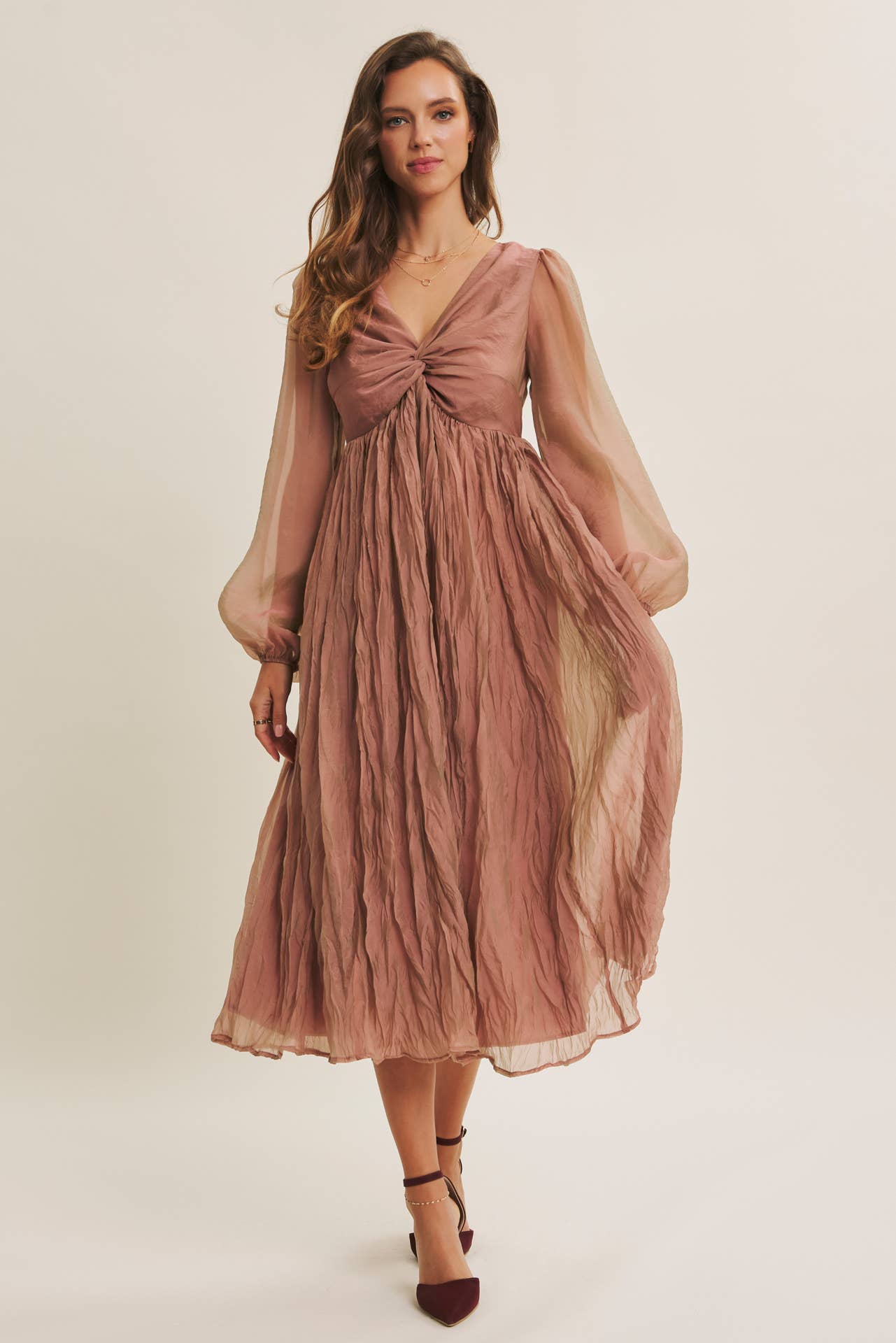 KEEP IT DREAMY IRIDESCENT MAUVE TWISTED BUST MAXI DRESS for wholesale on Faire18