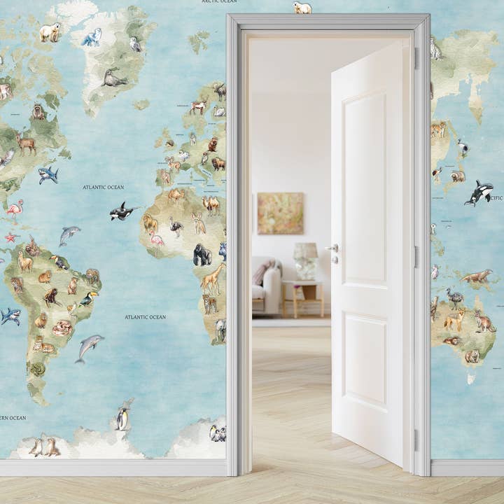 World Map Wallpaper | Animals Geography Nursery for wholesale by Prime Decor Wallpaper