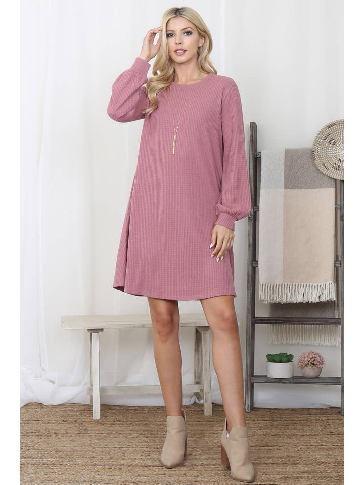 You & Me - Wholesale Dress - Women's - YMD10051V-BRUSHED WAFFLE BUBBLE SLEEVE POCKET DRESS7