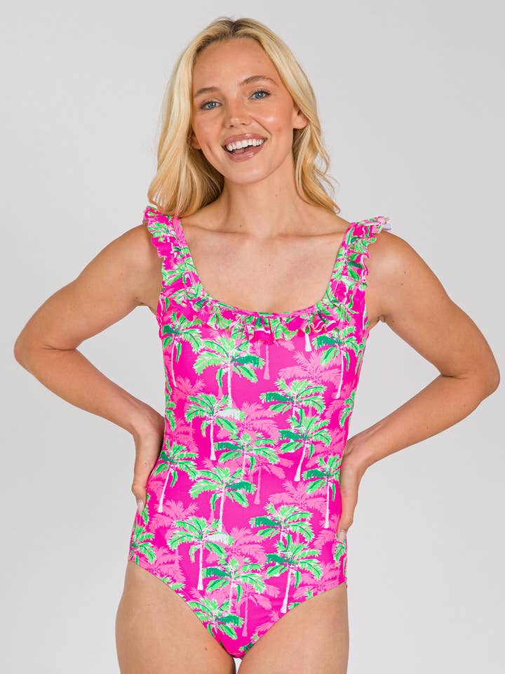 Bañador de una pieza con volantes y estampado de palmeras neón para mujer para venta al por mayor de RuffleButts + RuggedButts
