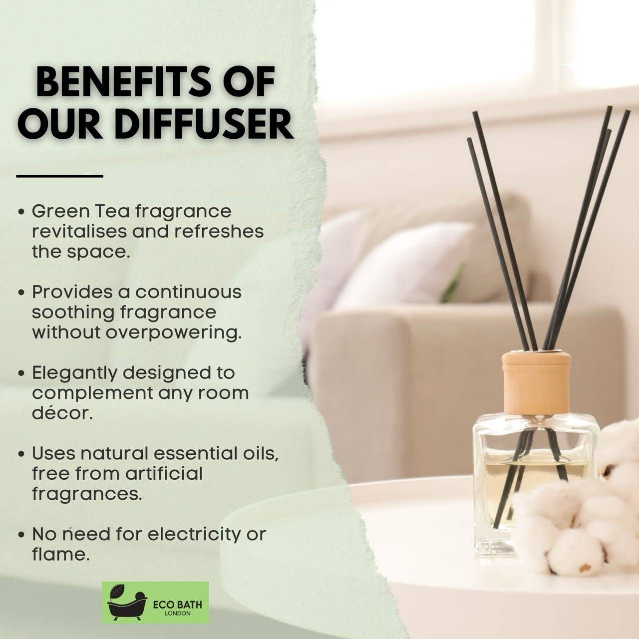 Eco Bath London - Wholesale Reed Diffuser - Eco Bath London Green Tea Reed Diffuser - Refreshing Room Fragrance with Notes of Bergamot and Green Tea, 100ml (3.38 Fl.Oz)3