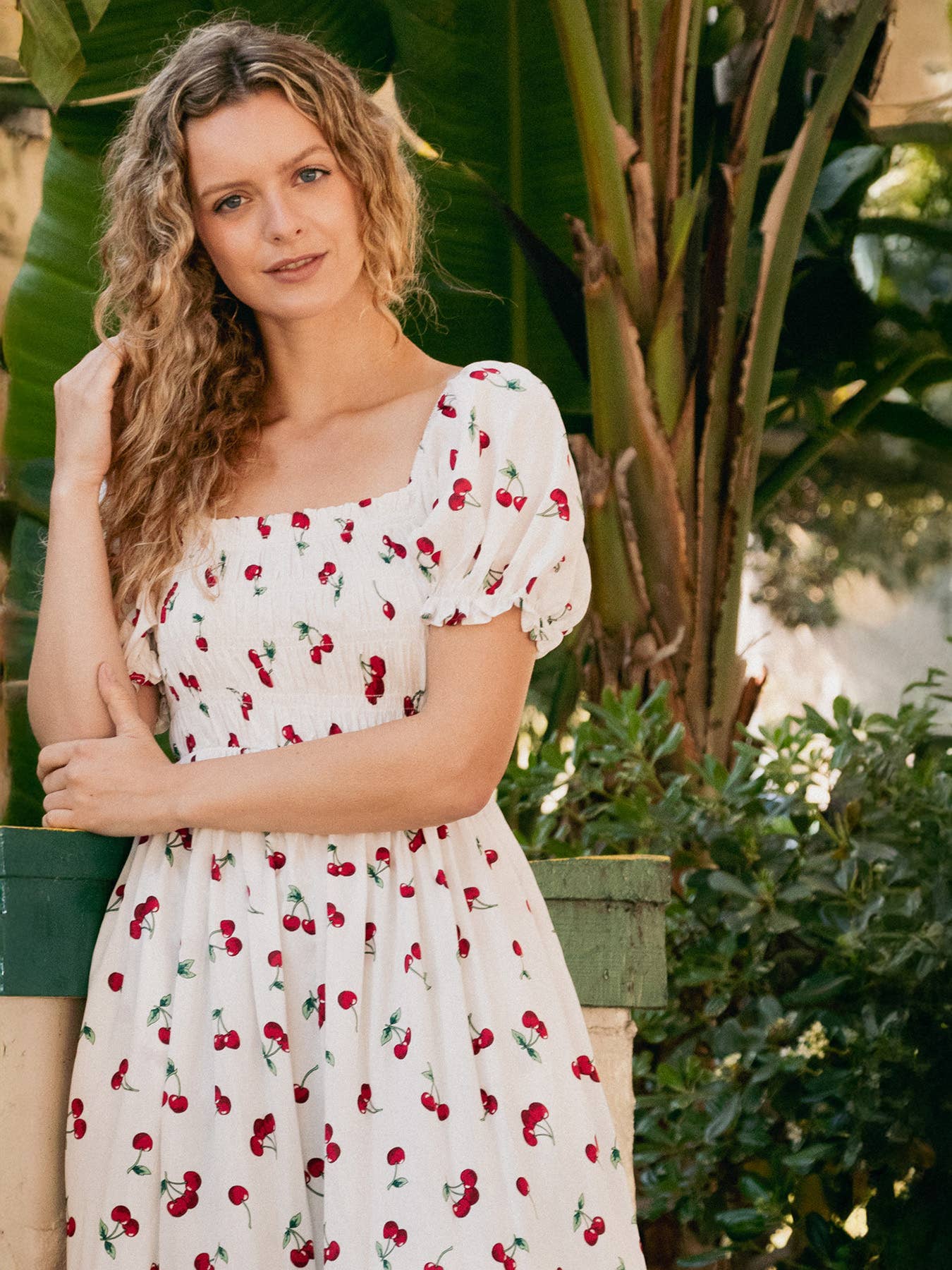 Elloh Collection - Wholesale Dress - Women's - Puff Sleeve Square Neck Cherry Print Dress with Pockets6