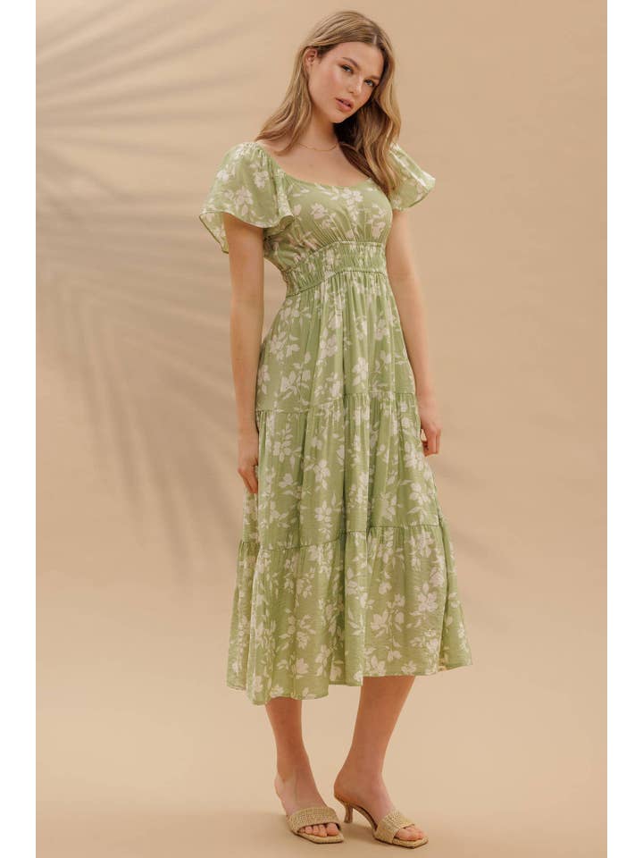 MINE - Wholesale Dress - Women's - FLORAL SCOOP NECK FLOUNCE SLEEVE TIERED MIDI DRESS