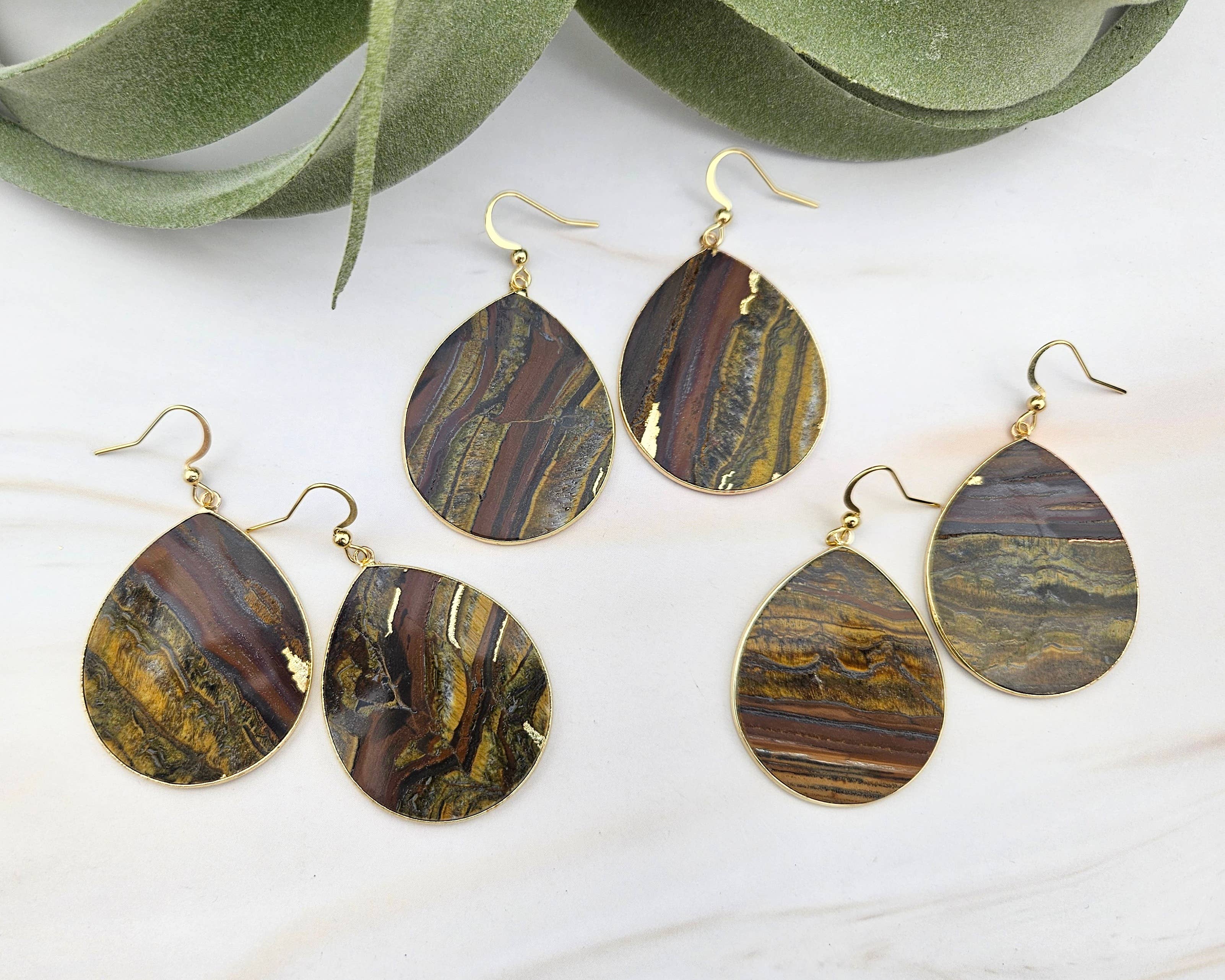 WonderLight Jewelry - Vente Boucles d'oreilles pendantes - Boucles d'oreilles plates en forme de larme - Tigers Eye/Power5