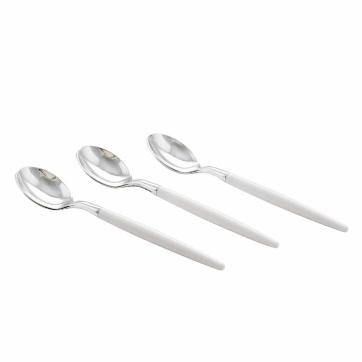 Luxe Party - Wholesale Table Spoon (Cutlery) - White and Silver Plastic Mini Spoons | 20 Spoons