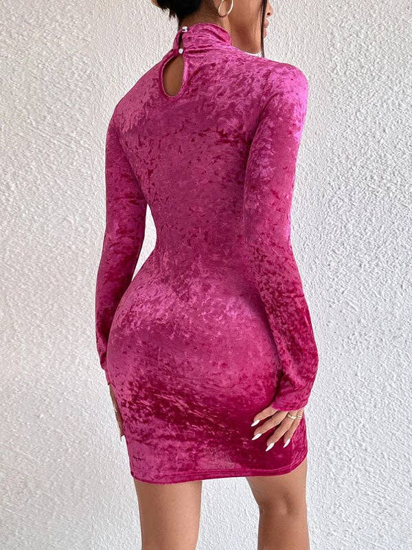 FUCHSIA Hule ensfarvede minikjoler med høj talje med lange ærmer for engroshandel på Faire4