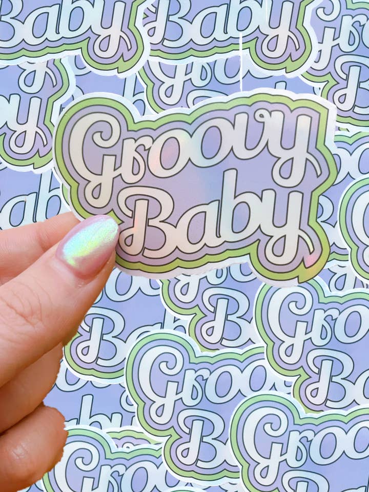 Holographic groovy baby waterproof sticker for wholesale by Typo Lettering Co