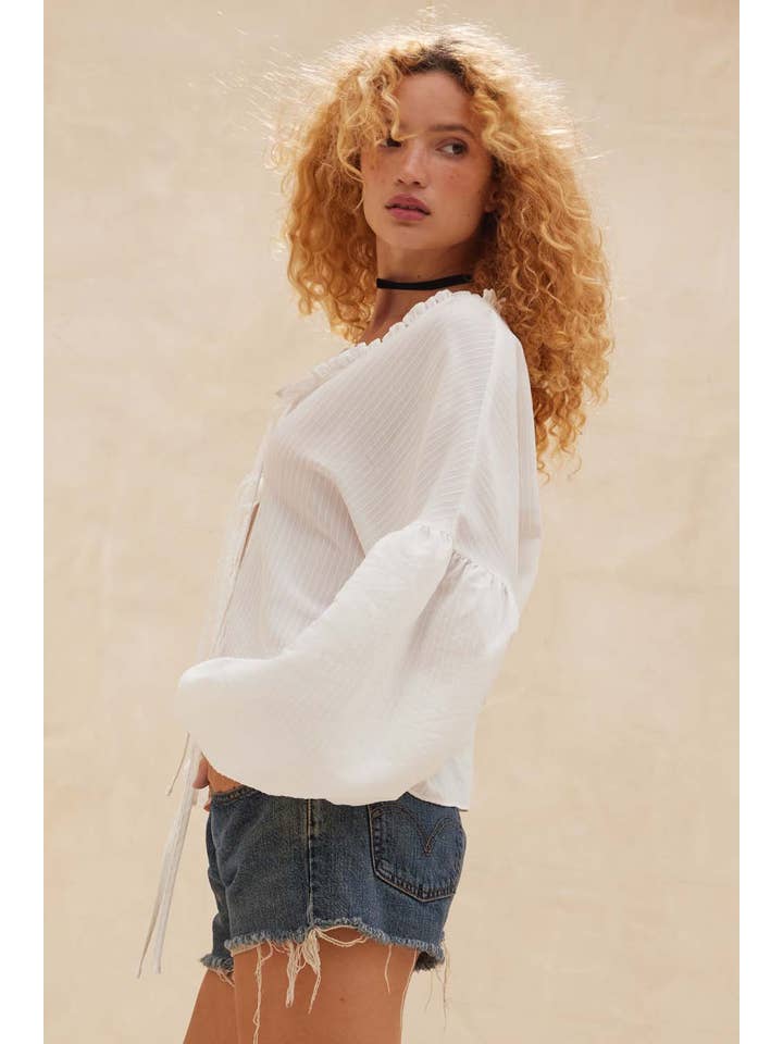 Promesa USA - Wholesale Blouse - Women's - Tonal-Stripe Tie-Front Balloon-Sleeve Top4