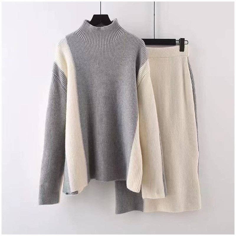 UZ Wholesale Store – wholesale Top & skirt set – Women's – Color Block High Neck Sweater And Skirt Set6