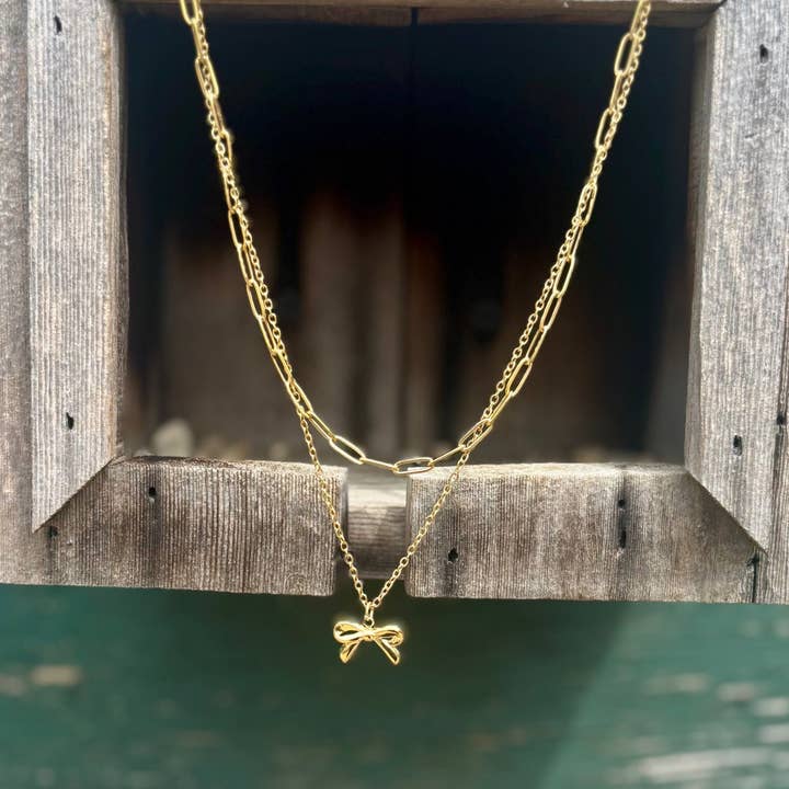 Golden Bow Layered Necklace – The Perfect Feminine Touch 🎀 for wholesale by Whit's Up Shop