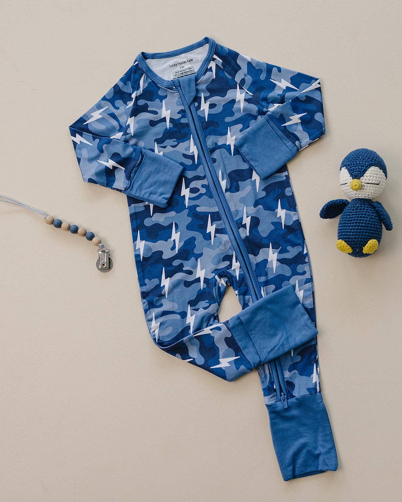 Lucky Panda Kids - Wholesale Jumpsuit - Baby - Bamboo Zip Romper | Blue Camo Bolts0
