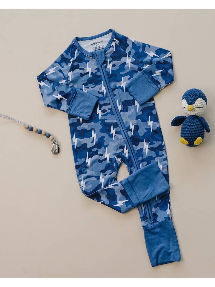 Lucky Panda Kids - Wholesale Jumpsuit - Baby - Bamboo Zip Romper | Blue Camo Bolts4