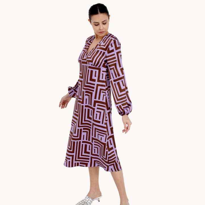 V Neck Colorblok Pattern Satin Midi Dress for wholesale by The Taylor Clothing