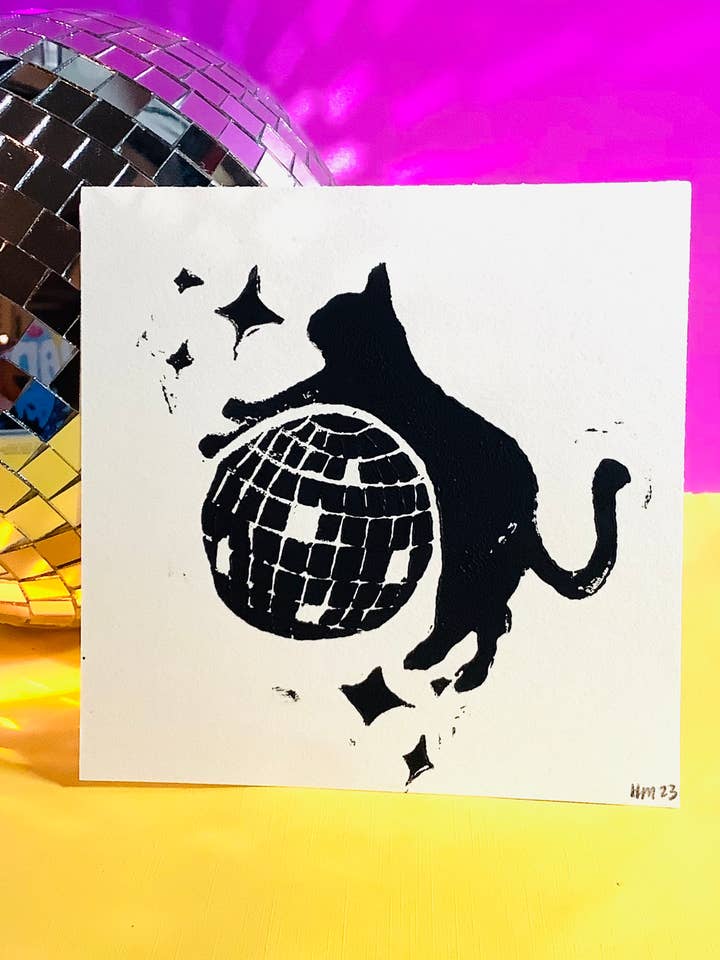 Disco Kitty Linocut Print for wholesale by Cover Yo Space Gurl