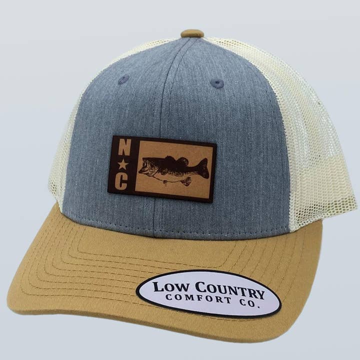 North Carolina Bass Leather Patch Hat Heather/Gold/Beige for wholesale by Riverbed Threads