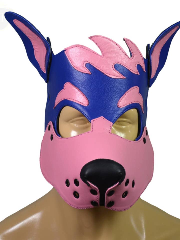 Máscara de piel para cachorros con capucha, disfraz de recreación para cachorros o mascotas, máscara de juego hecha a mano para venta al por mayor de Meninleather
