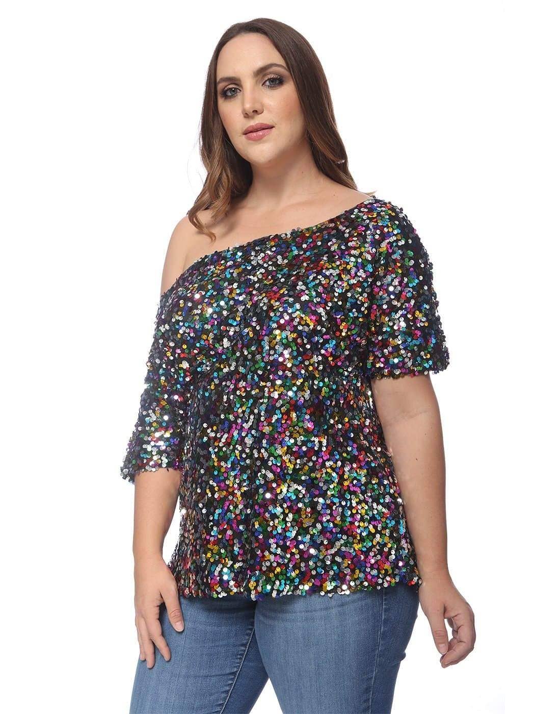 Anna Kaci Wholesale – Großhandel Bluse – Damen – Ein-Schulter-Pailletten-Top in Übergröße87
