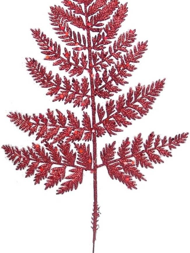 14-Inch Red Glitter Leather Fern Picks, Sparkling Decorative for wholesale by Larksilk