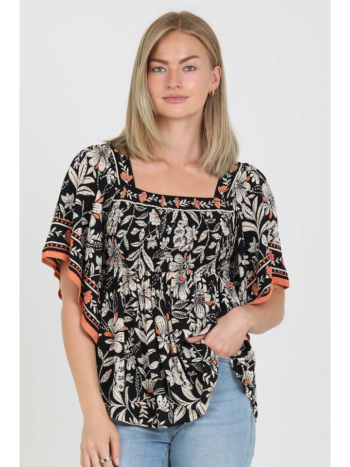 ANGIE - Wholesale Blouse - Women's - C2595-A914 SQUARE NECK KIMONO SLEEVE PRINTED BLOUSE1