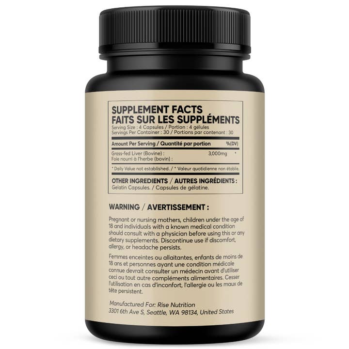 Rise Nutrition - Wholesale Oral Supplement/Vitamin - Grass Fed Beef Liver Capsules - Supports Energy 120 Capsules