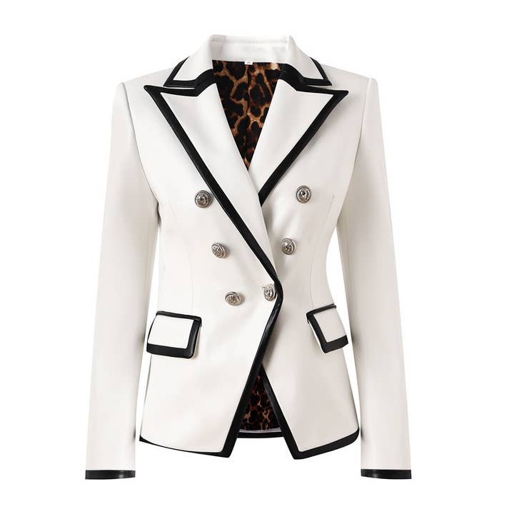 BL035 PU White Blazer: Bold Black Trim & Wild Lining for wholesale on Faire