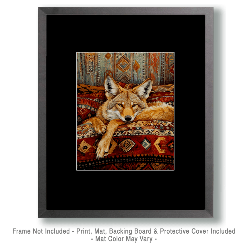 Mowbi – wholesale Art print – Coyote Relaxing on Bed - Bedroom Art Prints – 8″x10″ Artwork in 11″x14″ Mat1
