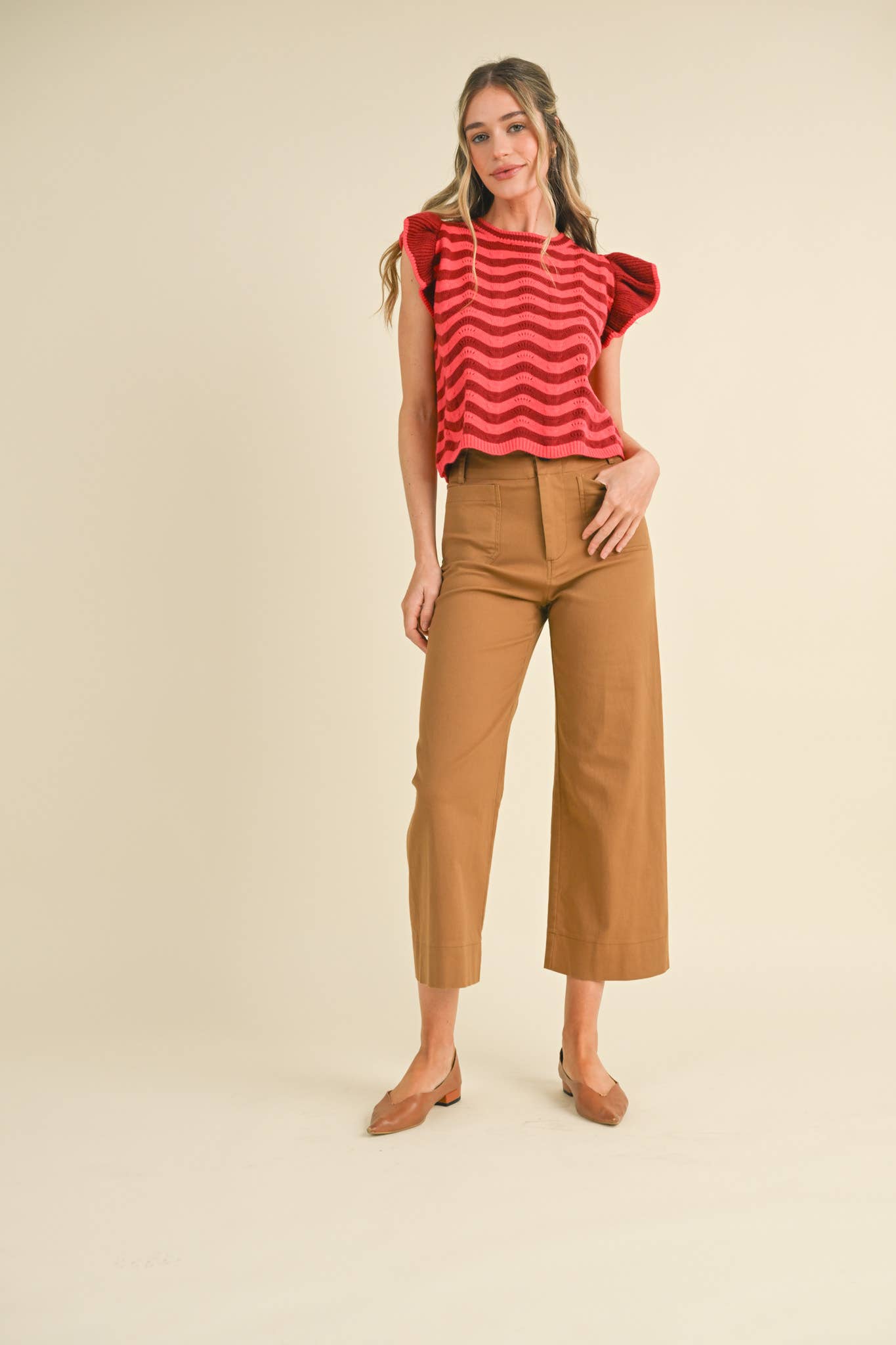 &MERCI - Wholesale Knit Sweater - Women's - WAVY STRIPES FLUTTER SLEEVE SWEATER TOP MSW1050969