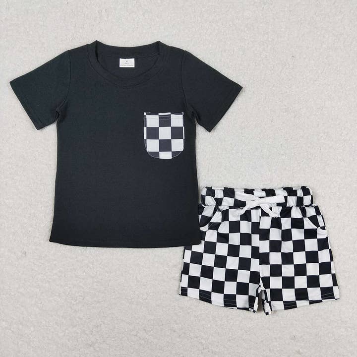 Aier Wholesale - Wholesale Top & Short Set - Kids - Baby Boys Black Shirt Top Checkered Shorts Clothes Sets