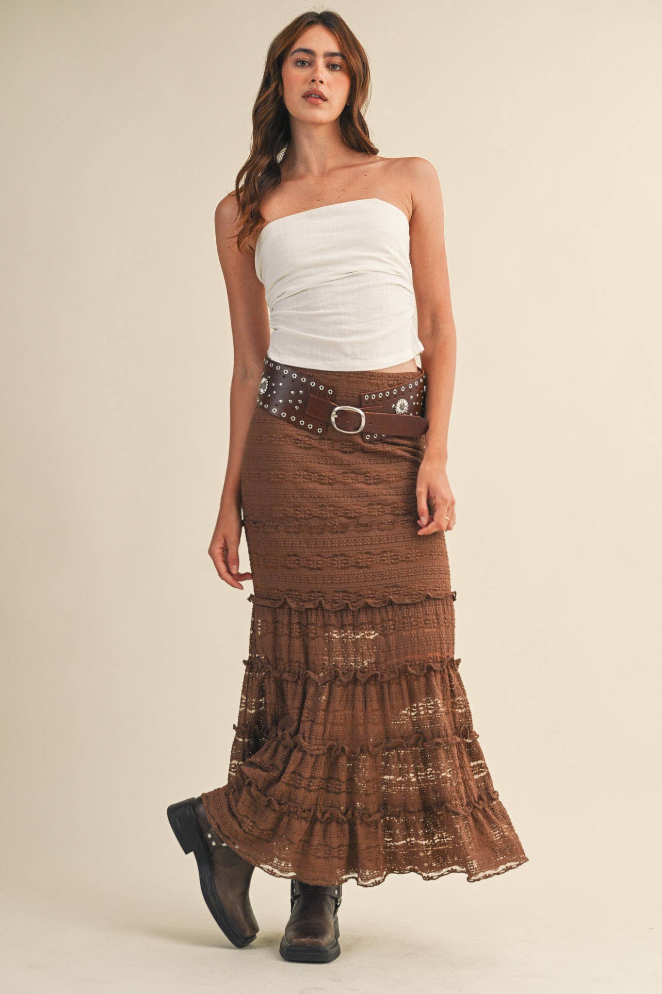 &MERCI - Wholesale Skirt - Women's - LACE TIERED RUFFLE TRIM MERMAID MIDI SKIRT MSK439516