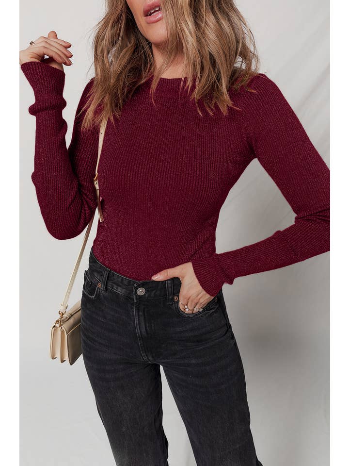Red Dahlia Solid Metallic Ribbed Knit Long Sleeve Top for wholesale on Faire3