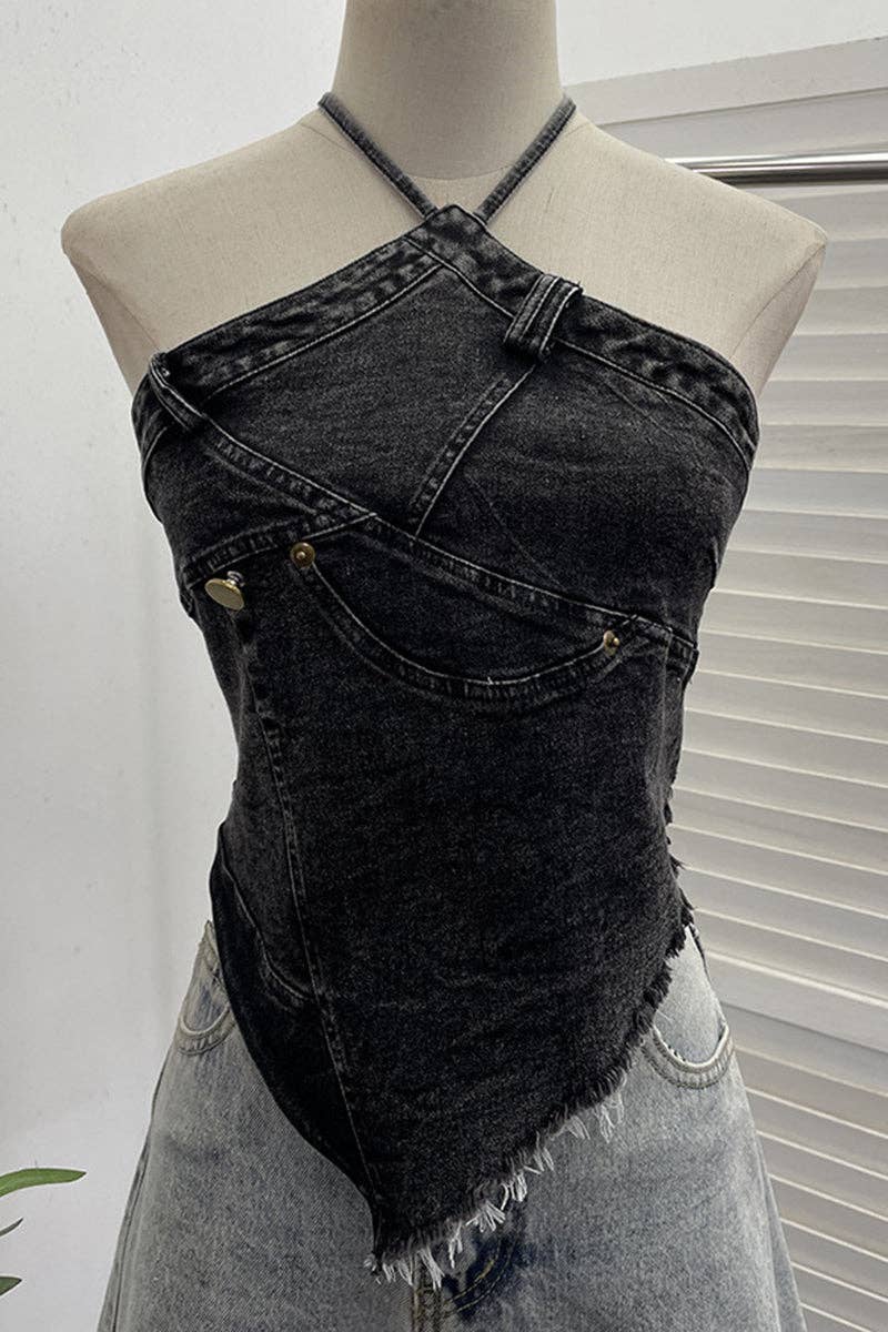 Mccolin – Engroshandel Bluse - Dame – Denim haltertop med frynset kant0