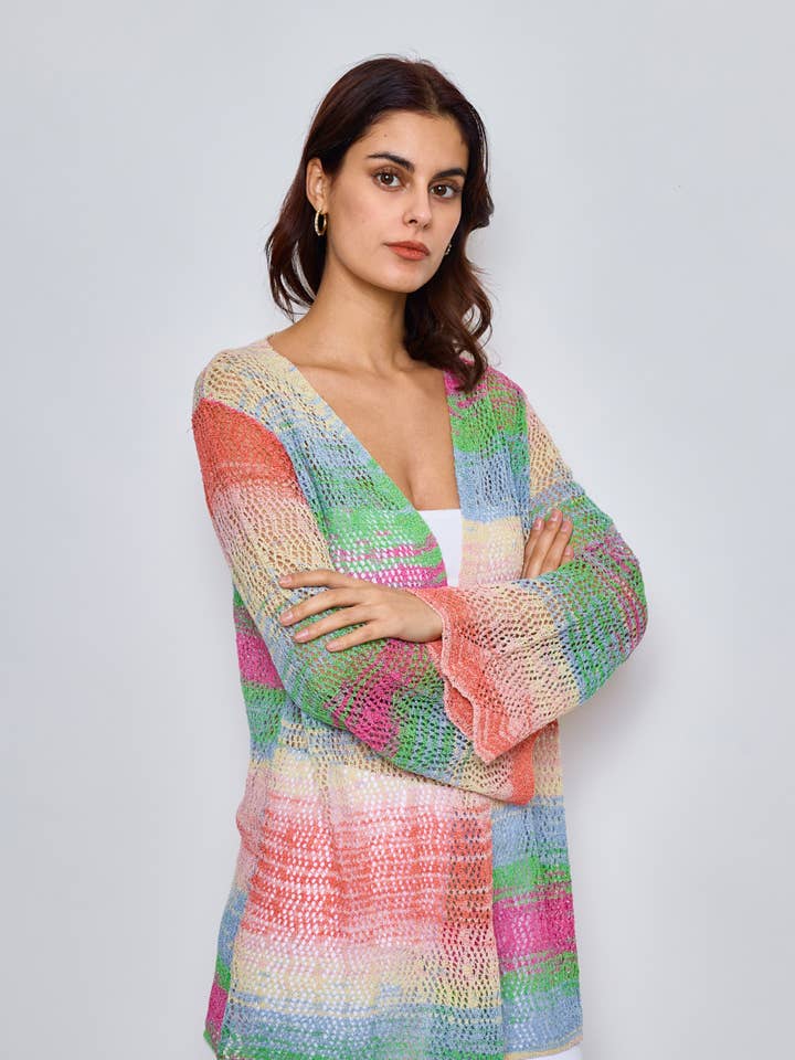 Multicolored long crochet cardigan for wholesale by KY CREATION PARIS